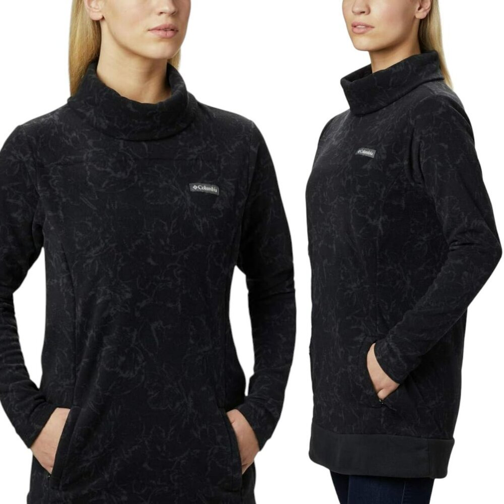 Columbia Ali Peak Fleece Cowl Neck Tunic Pockets - Black Brush Floral Print - S
